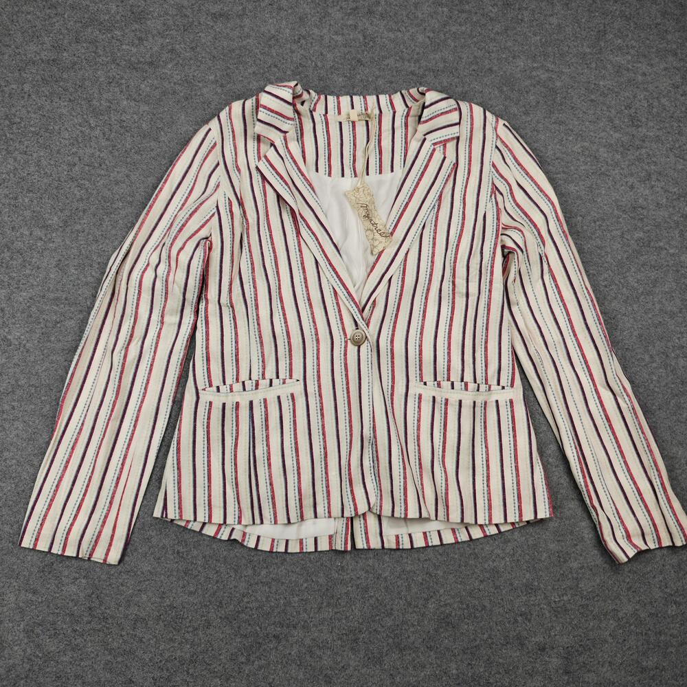 Mystree Blazer Womens Small White Striped Linen Blend Lined Single-Breasted